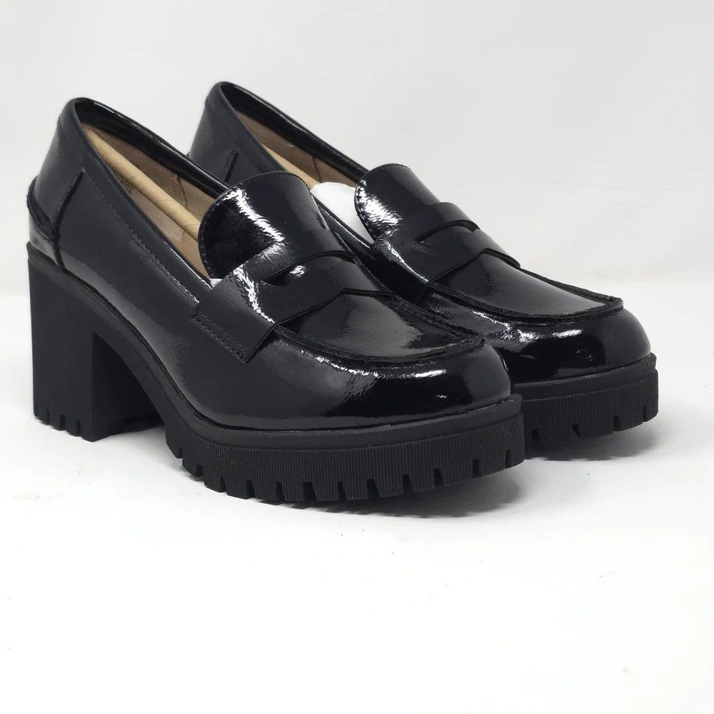 Sun + Stone Presscott Black Patent Chunky Heel Loafers 6.5M - Picture 2 of 12